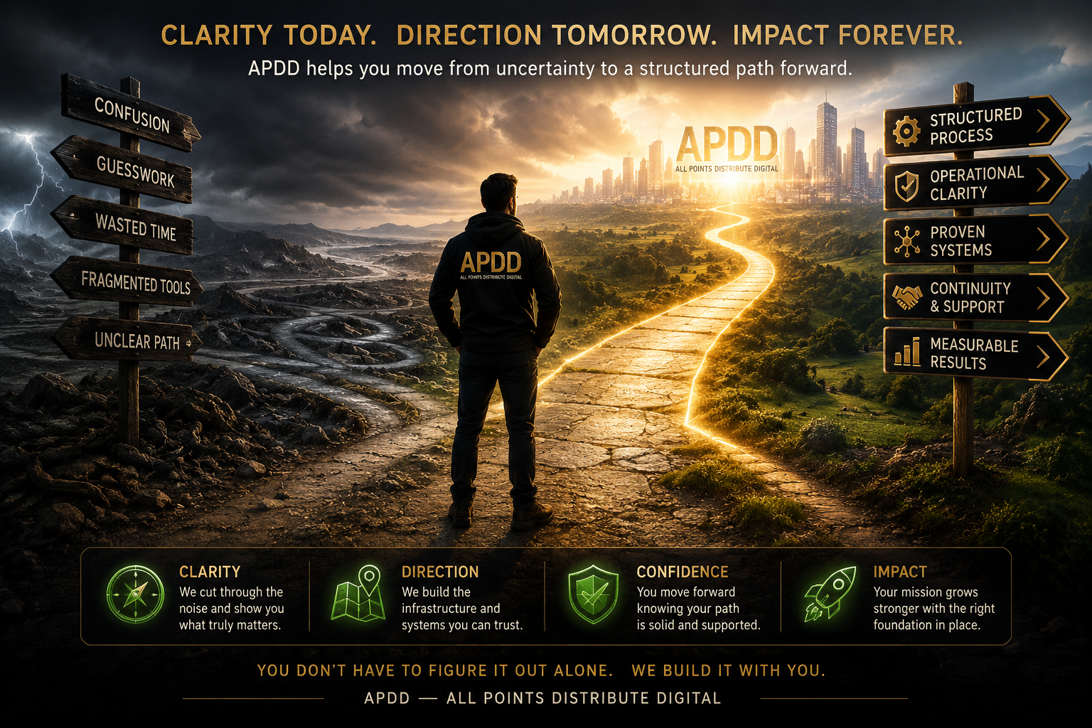 Structured decision path showing movement from confusion toward clarity, governed infrastructure, measurable outcomes, operational confidence, and purposeful action