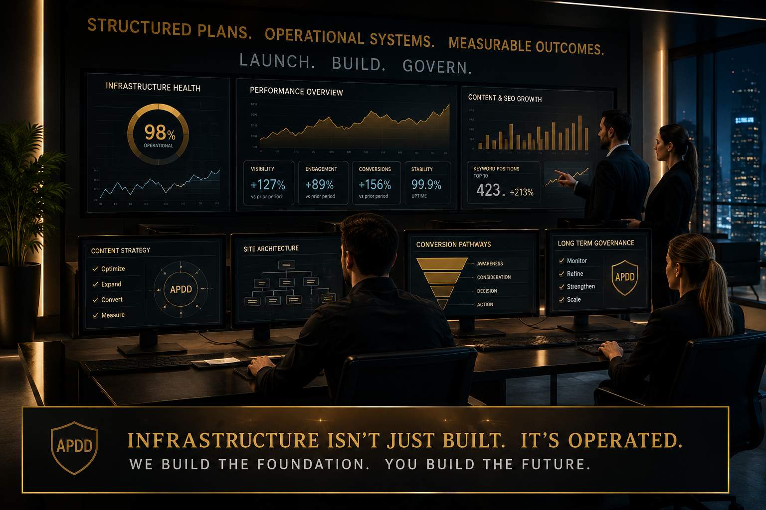 APDD operational expansion environment showing structured planning, measurable outcomes, governance systems, operational continuity, controlled growth, and digital infrastructure management