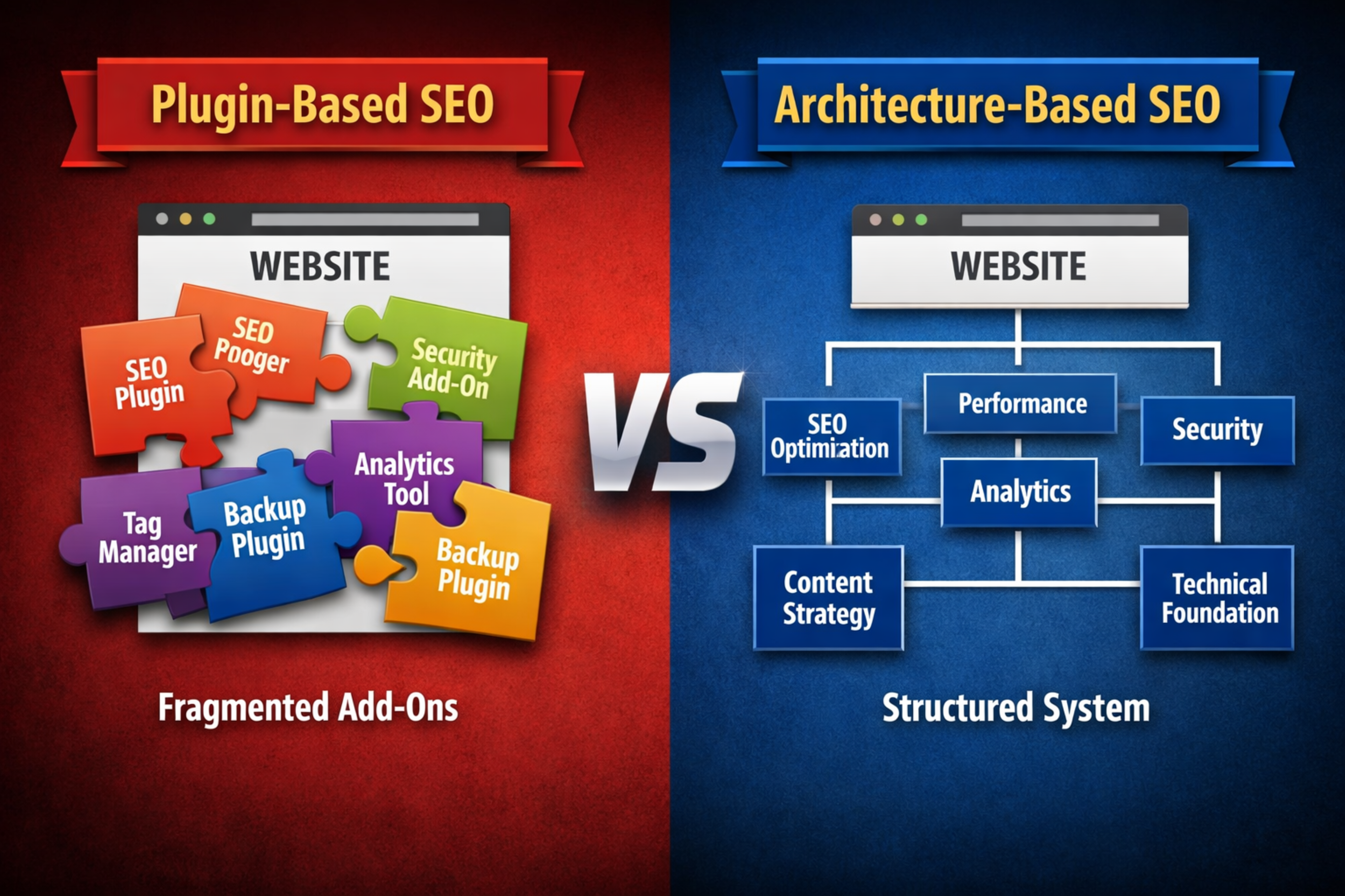 Comparison of plugin-based SEO versus architecture-based SEO showing fragmented add-ons versus structured system hierarchy